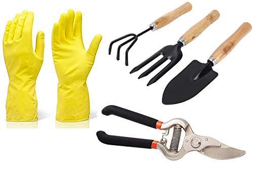 Rockeyshop Gardening Tools - Reusable Rubber Gloves, Pruners Scissor(Flower Cutter) & Garden Tool Wooden Handle (3pcs-Hand Cultivator, Small Trowel, Garden Fork)