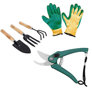 Rockeyshop Gardening Tools - Falcon Gloves, Flower Cutter/Scissor & Garden Tool Wooden Handle (3pcs-Hand Cultivator, Small Trowel, Garden Fork)