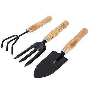 Rockeyshop Gardening Tools - Reusable Rubber Gloves, Pruners Scissor(Flower Cutter) & Garden Tool Wooden Handle (3pcs-Hand Cultivator, Small Trowel, Garden Fork)