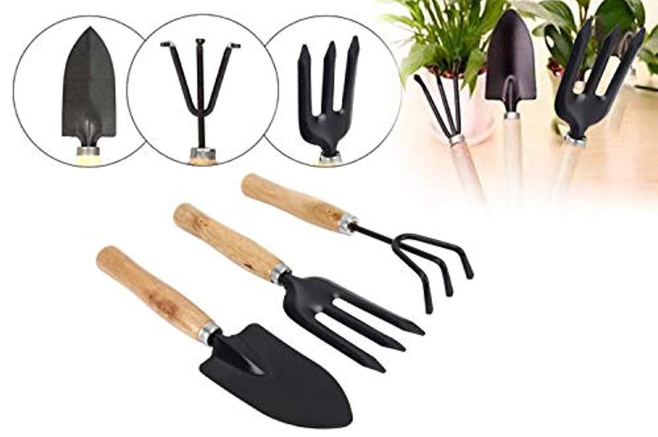 Rockeyshop Gardening Tools - Falcon Gloves, Flower Cutter/Scissor & Garden Tool Wooden Handle (3pcs-Hand Cultivator, Small Trowel, Garden Fork)