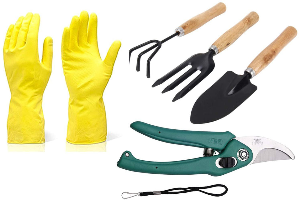 Rockeyshop Gardening Tools - Reusable Rubber Gloves, Flower Cutter & Garden Tool Wooden Handle (3pcs-Hand Cultivator, Small Trowel, Garden Fork)